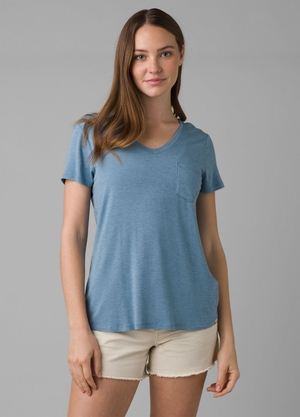 T Chemises PrAna Foundation Corta Sleeve V-neck Bleu Femme | BYN-63933330