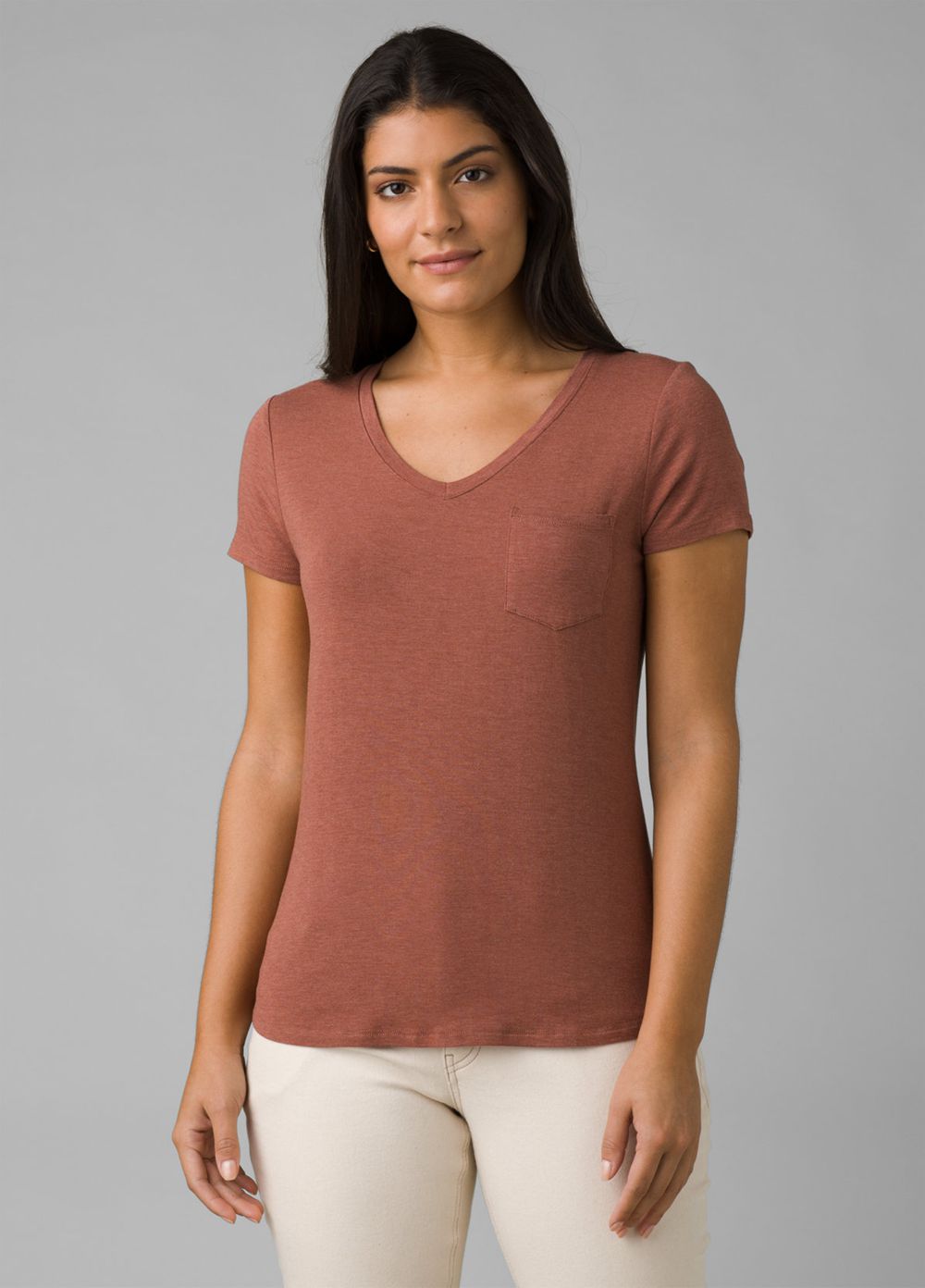 T Chemises PrAna Foundation Corta Sleeve V-neck Marron Femme | QNS-45565132